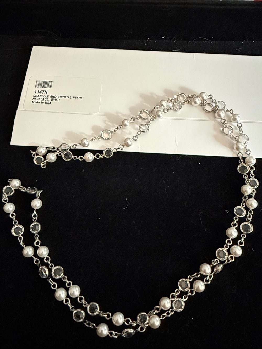 Touchstone crystal chanelle and crystal pearl necklace, white